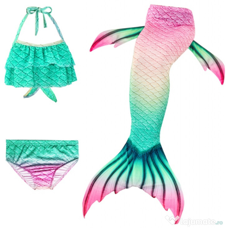 Set 3 piese Costum Sirena, Roz/Verde/Galben, 130 cm