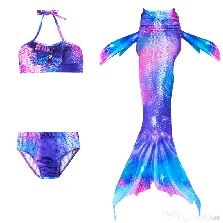 Set 3 piese Costum Sirena Printesa Ariel, AlbastruRoz, 130 cm, 7-8ani