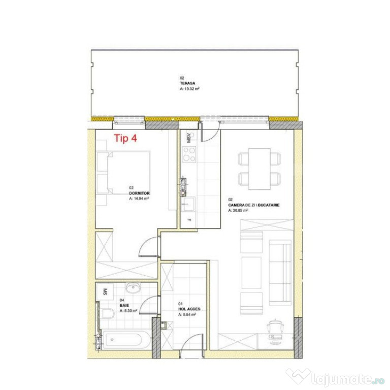 Apartament cu 2 camere, 56.63 mp, terasa 19.32 mp, zona Loui