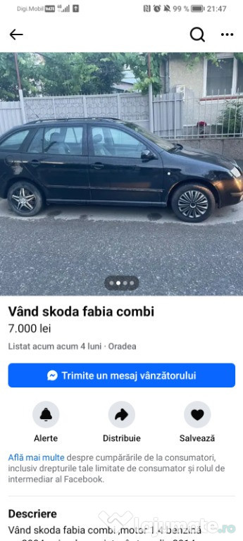 Vând Scoda fabia : 1.4 Benzină, 16 Valve, Neagră, Brek.