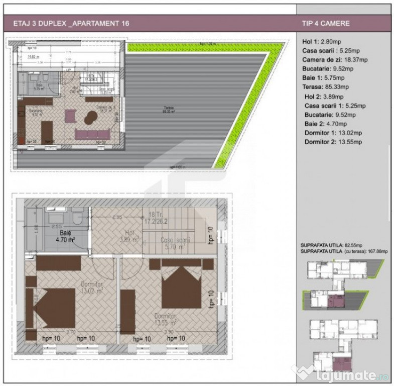 Duplex 3 camere cu tereasa de 85mp in bloc nou, zona Nerva T