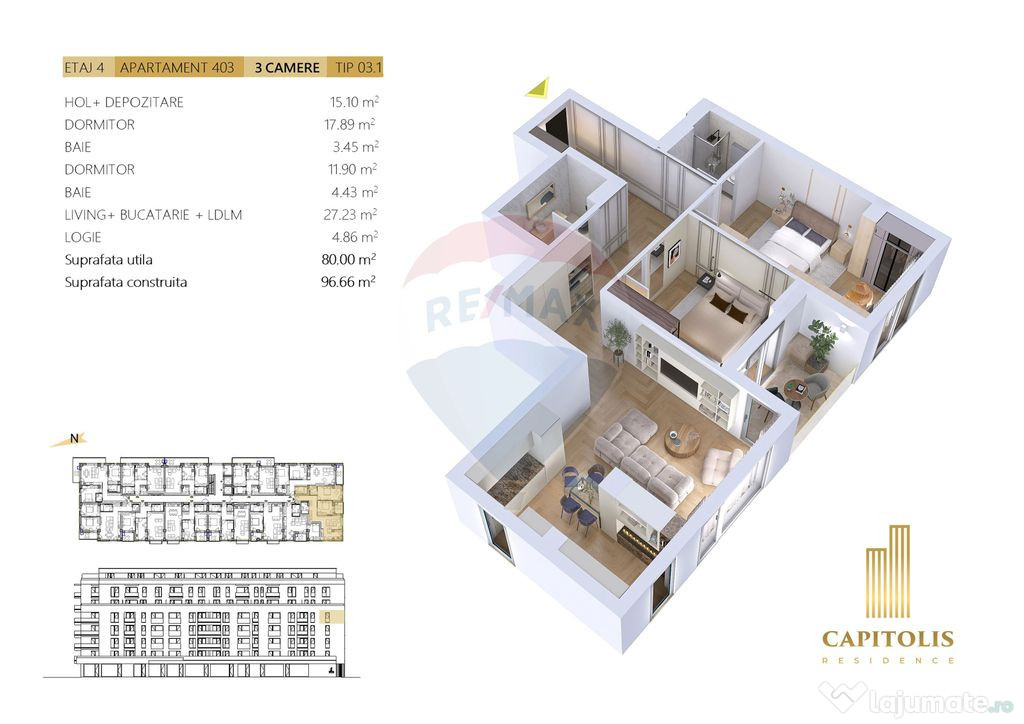 Apartament 3 camere, etaj intermediar, Capitolis Residenc...