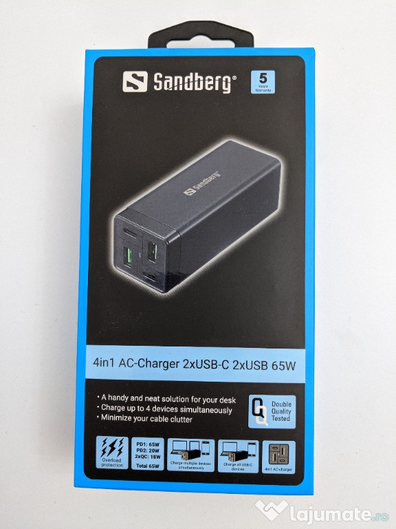 Vand incarcator 4 in 1 laptop,smartphone Sandberg 65W nou,sigilat