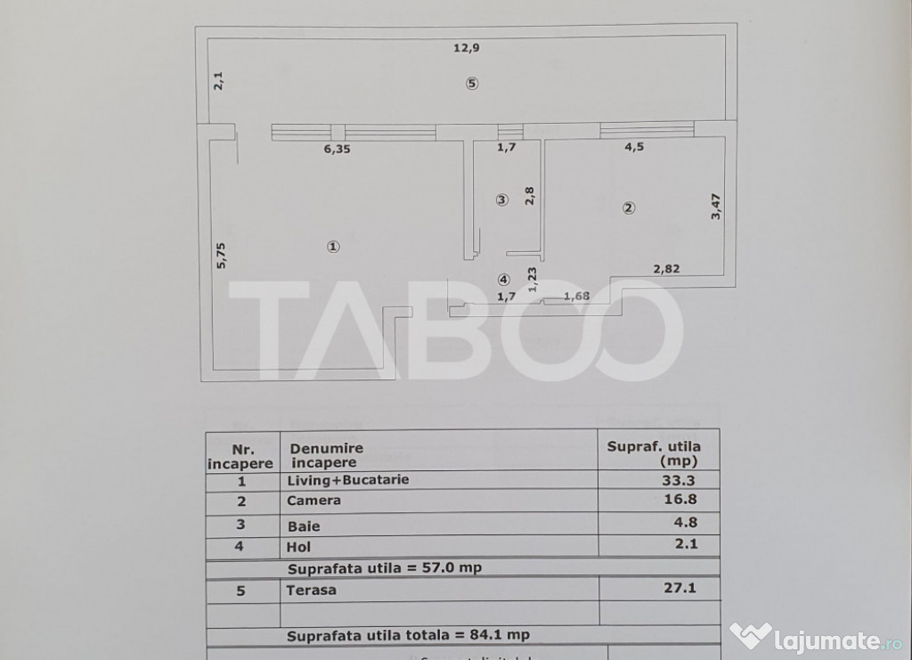 Apartament 2 camere decomandat 47 mp utili + terasa 27 mp no