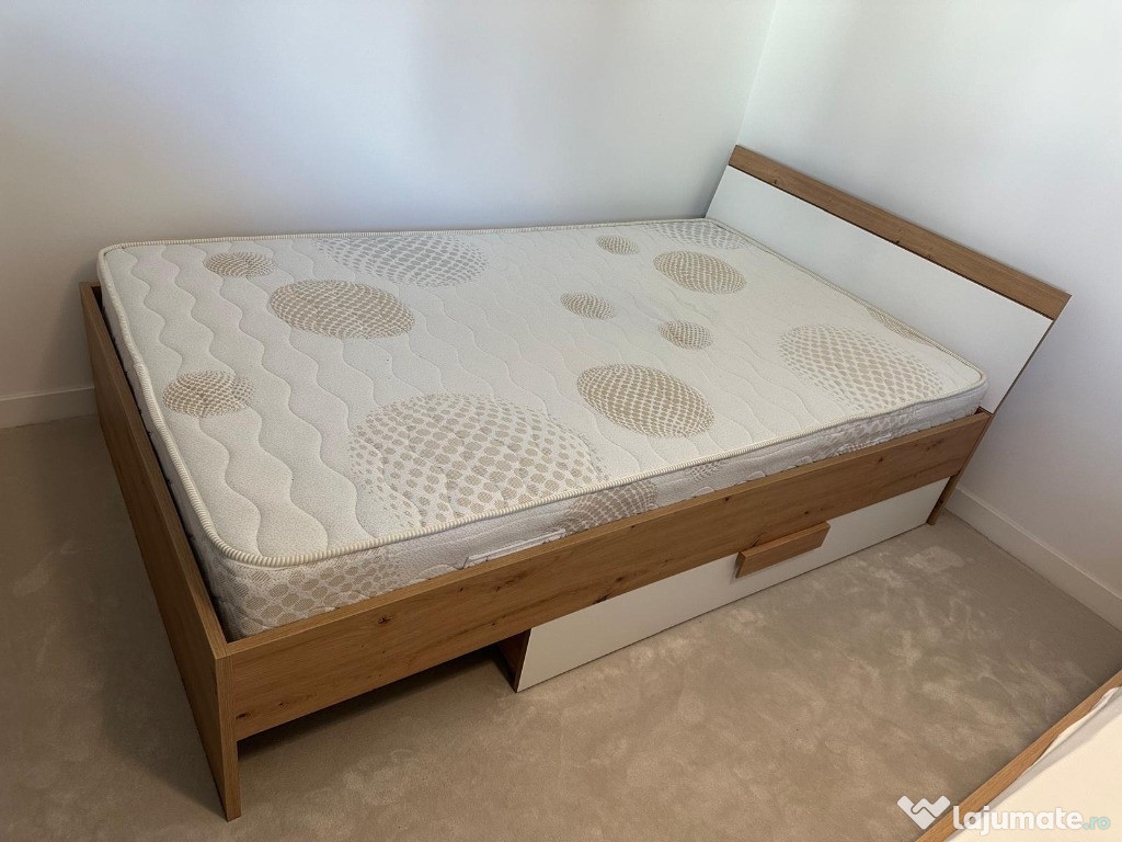 Set 2 x Pat cu lada depozitare + Somiera + Saltea + Birou + Scaun