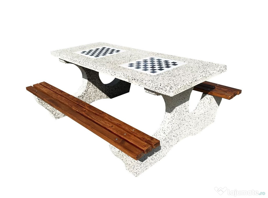 Set masa cu banci si table sah din beton cu marmura alba