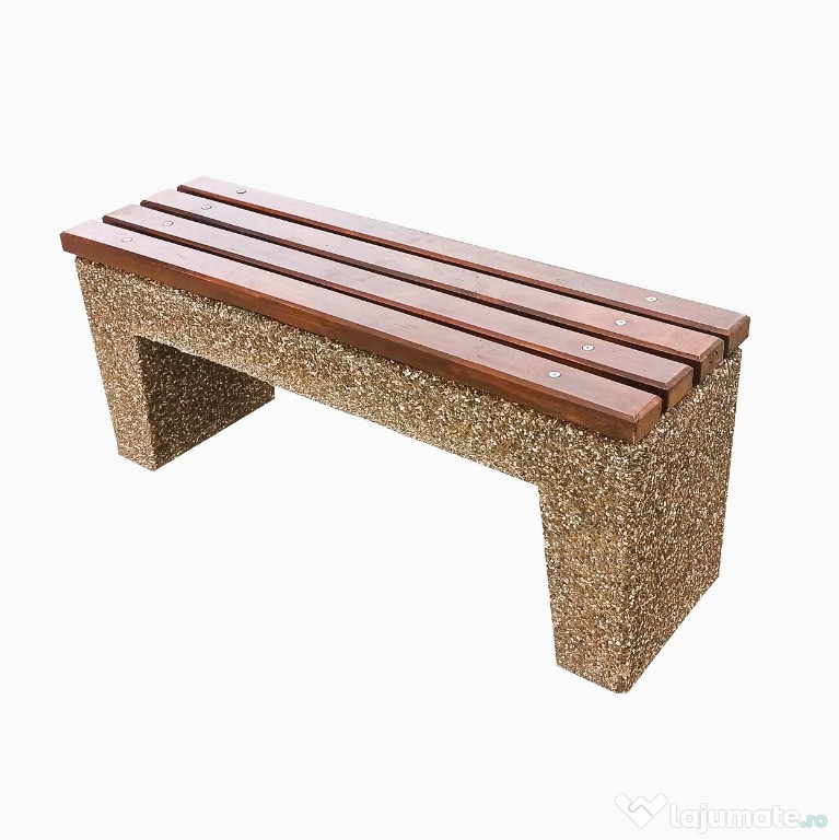 Banca din beton si piatra de rau, sezut din lemn de stejar – 120x49x35