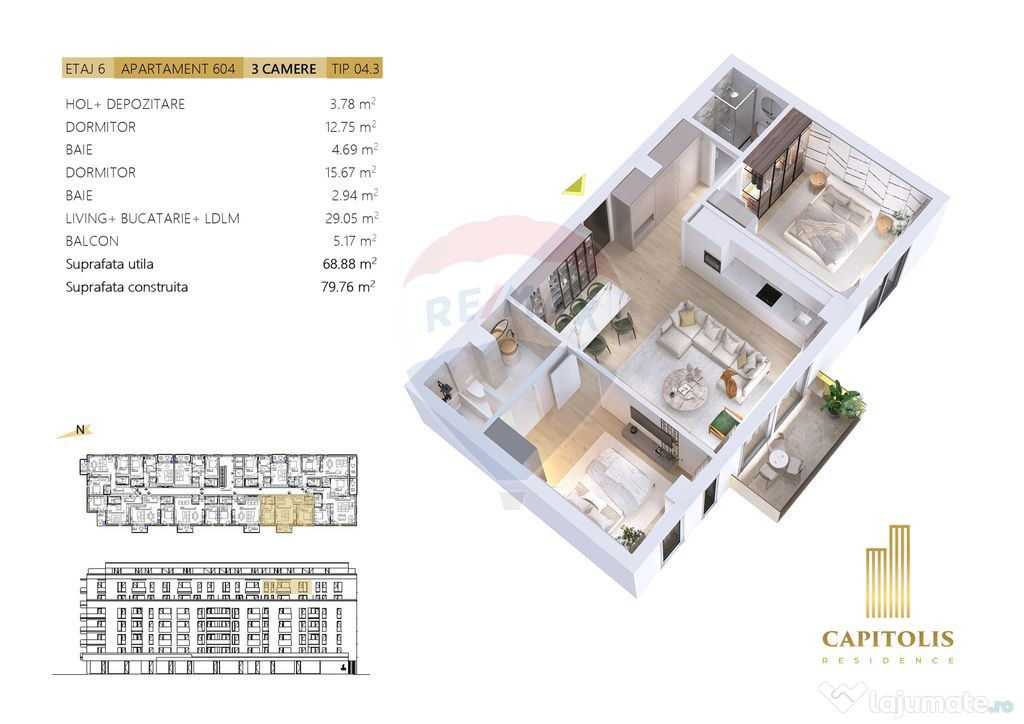 Apartament cu 3 camere, orientare V, etaj 6, Capitolis Re...