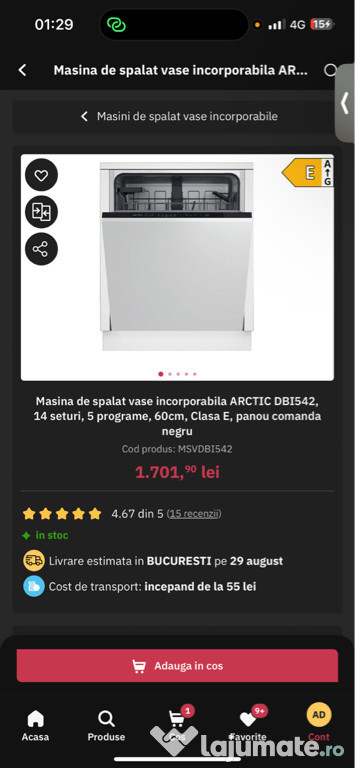 Masina de spalat vase incorporabila ARCTIC DBI542, 60cm