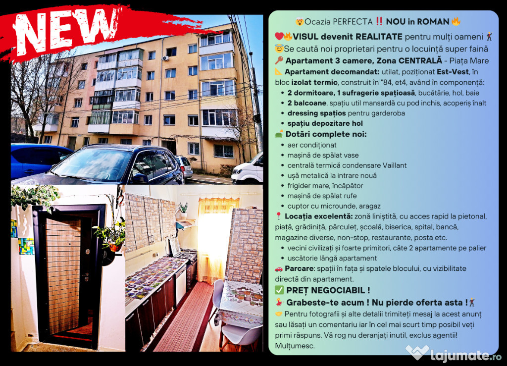 Proprietar VAND Apartament 3 CAMERE decomandat CENTRAL zona PIATA MARE