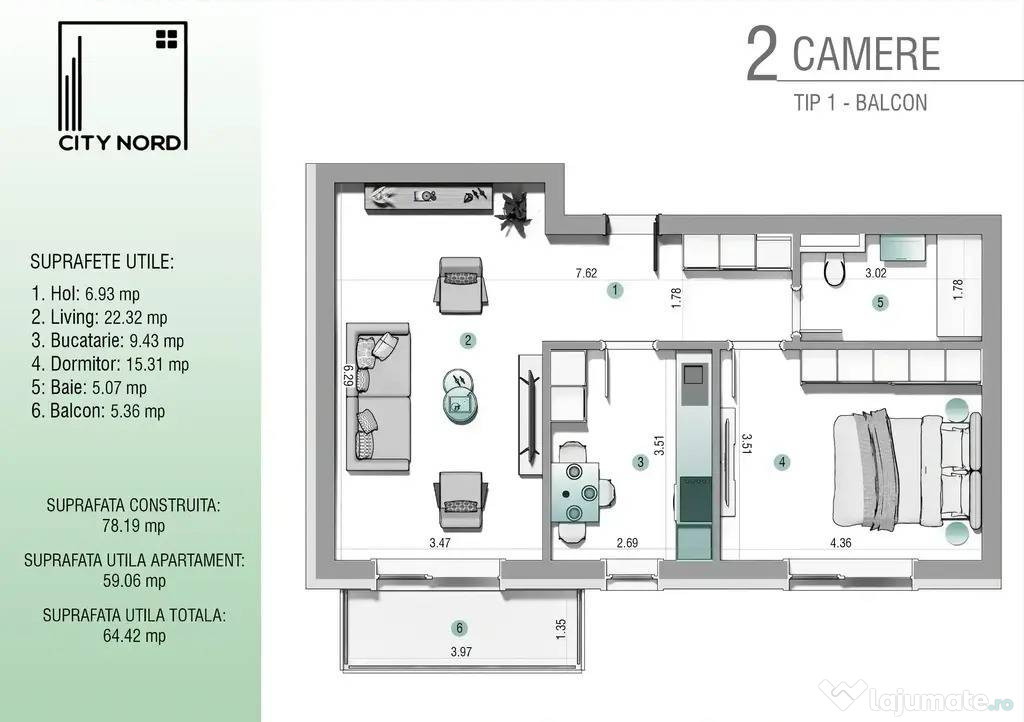 2 camere cu balcon - 64mp - Clasa A - Decomandat
