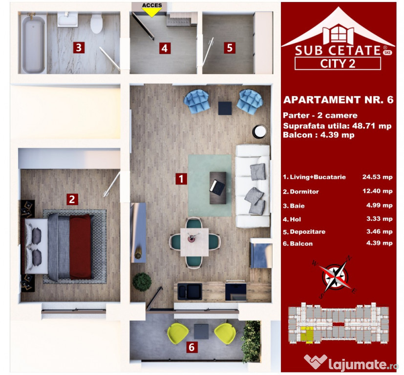 Studio cu dressing de vanzare, etaj intermediar - Direct Dezvoltator