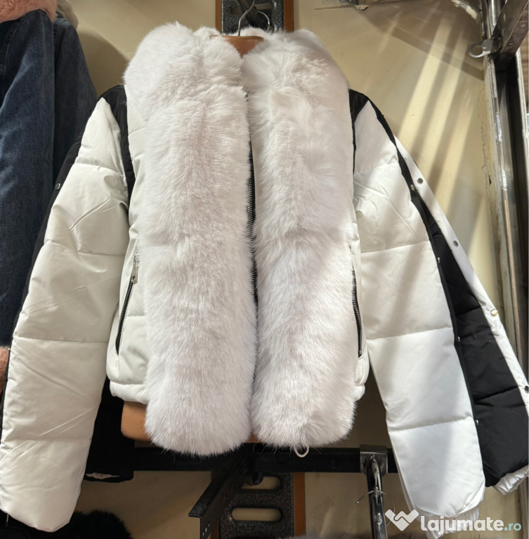 Geacă fashion damă alb-negru cu blană artificială