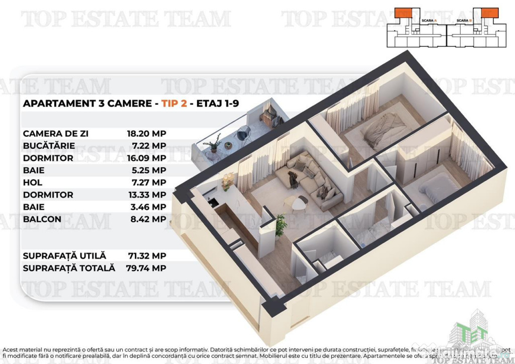 Apartament 3 camere intr-un bloc nou, modern, 71,3mp utili