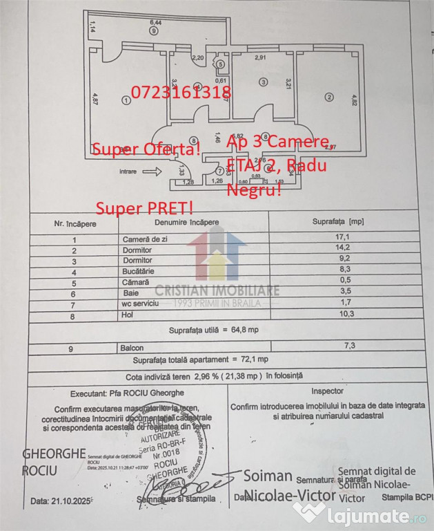 70mp 3 cam etaj 2 balcon 7 m R.Negru - Capatul lui 4 confort