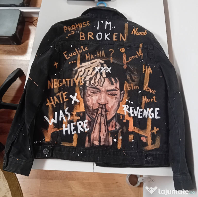 Jachetă denim neagră – pictată manual, mărimea S