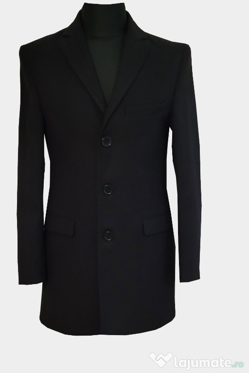 Vand Pardesiu Elegant Barbat, Slim Fit, Negru, Negru, 54/56, Nou