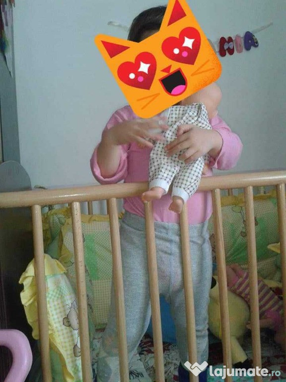 Pătuț bebe + lenjerii patut + scăunel măsuță bebe