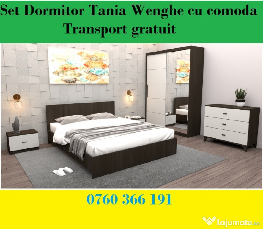 Dormitor Tania Wenghe + Alb Pat 160 cm x 200 cm + Noptiere