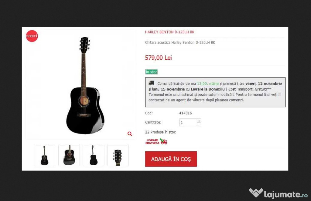 Chitara Acustica Harley Benton D-120LH BK