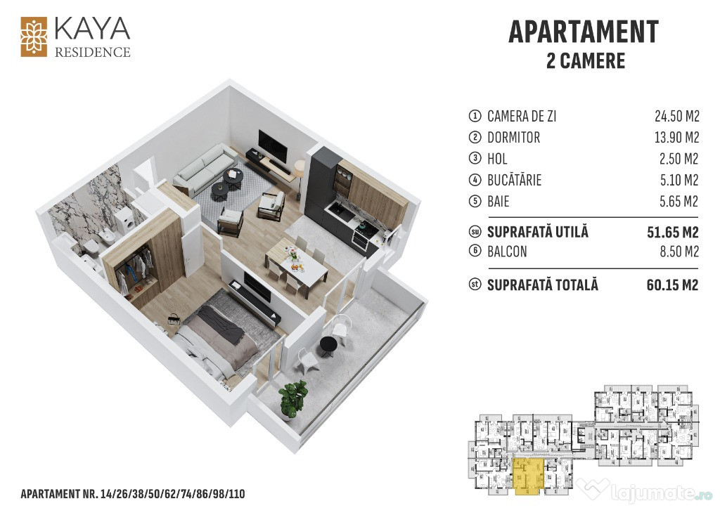 Apartament 2 camere 60.15mp, zona centrală Bistrița - KAYA Residence