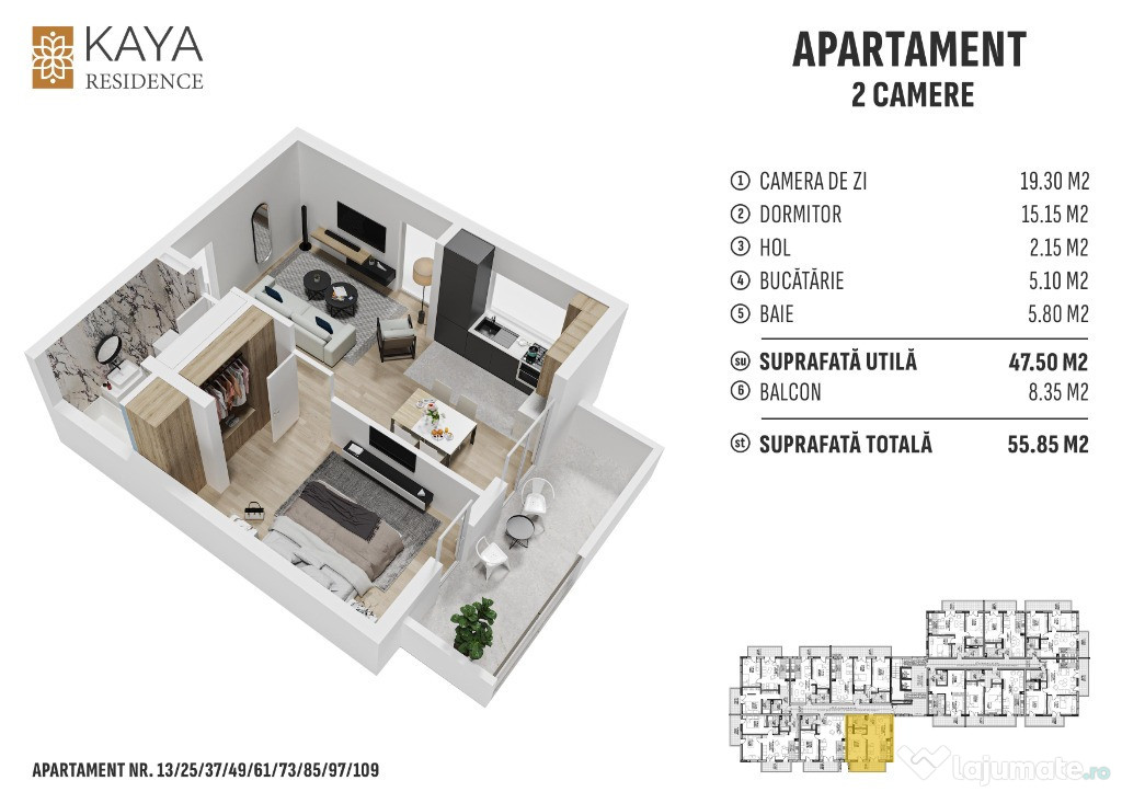 Apartament 2 camere 55.85mp, zona centrală Bistrița - KAYA Residence