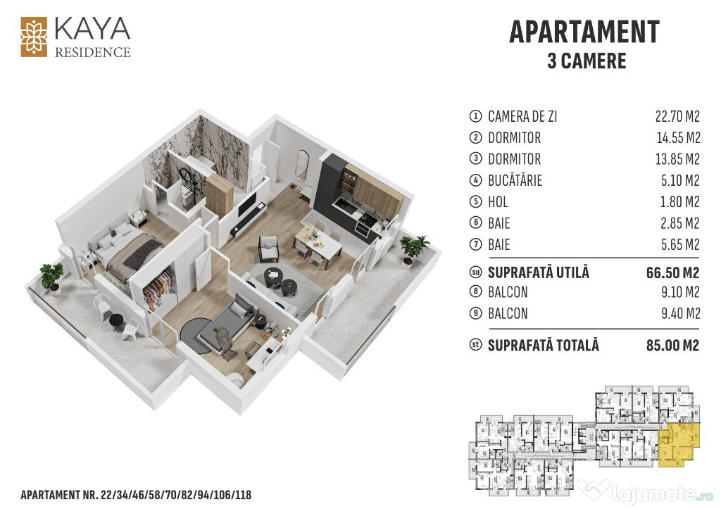 Apartament 3 camere 85mp, zona centrală Bistrița - KAYA Residence