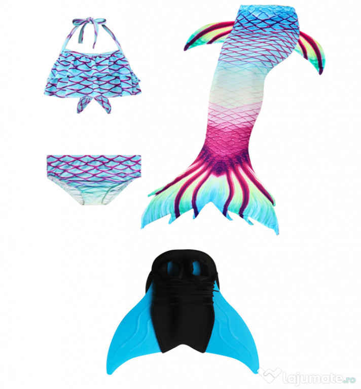 Set 4 piese Costum Sirena Ariel THK, Albastru/Visiniu - 5-6 ani