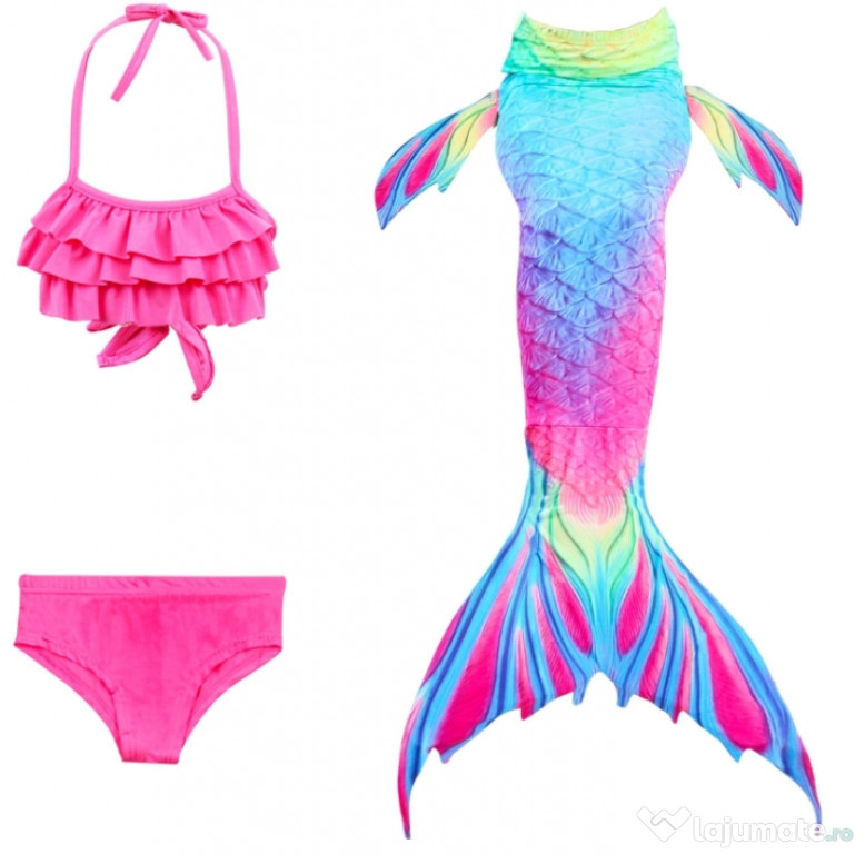 Set 3 piese Costum Sirena Ariel THK, Rosu/Albastru, 130 cm