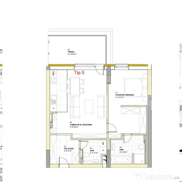 Apartament cu 2 camere, 63.67 mp, dressing, terasa 12.78 mp,