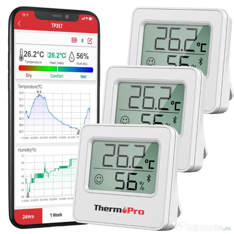 Set de 3 higrometre Bluetooth ThermoPro TP357-3 pentru interior