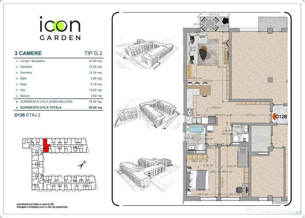 Apartament cu 3 camere, etaj2, în noul ansamblu ICON GARDEN