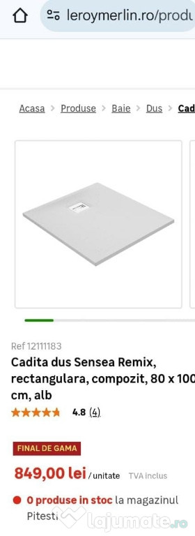 Cadita dus rectangulara composit alba 80x100 cm, Leroy Merlin, 350 lei