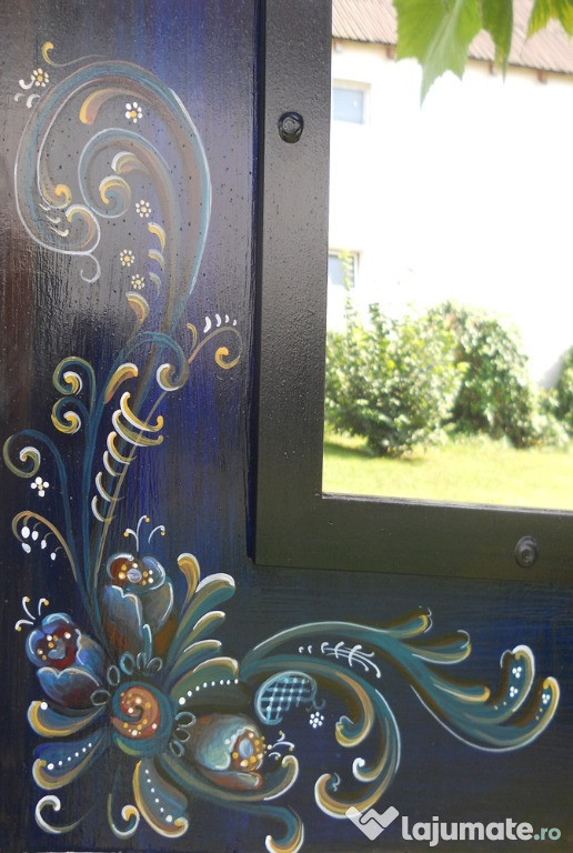 Oglinda Rosemaling- fond albastru ultramarin si brun