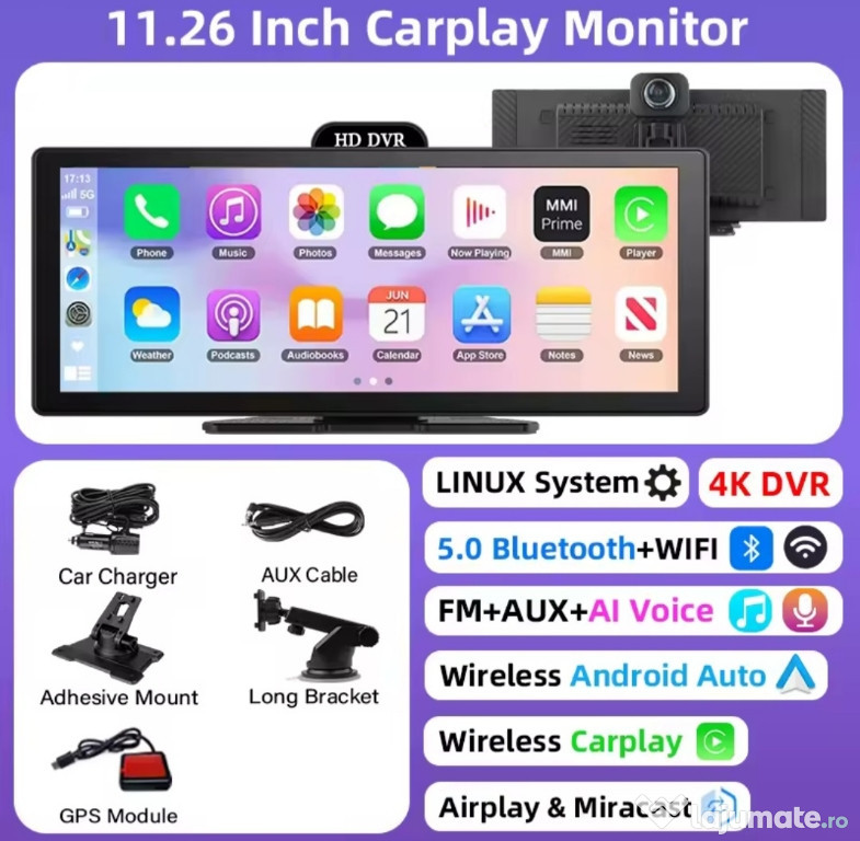 11,26" Carplay Android Auto monitor + camera incorporata 4k
