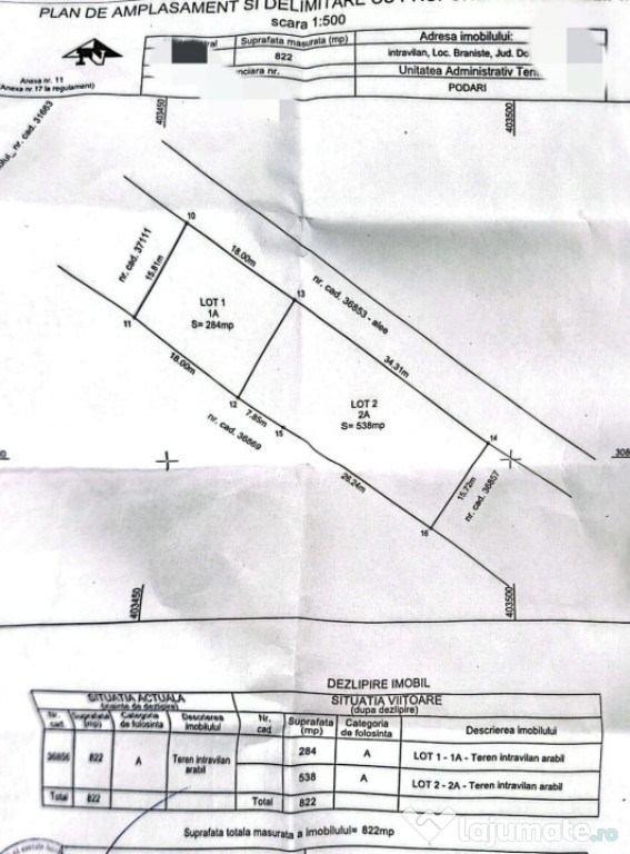 Teren intravilan, 284 mp, pretabil investitie, zona Braniste