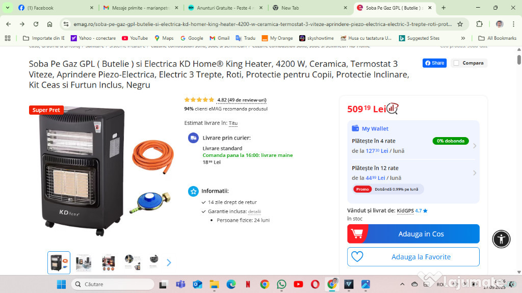 Soba Pe Gaz GPL ( Butelie ) si Electrica KD Home® King Heater, 4200 W