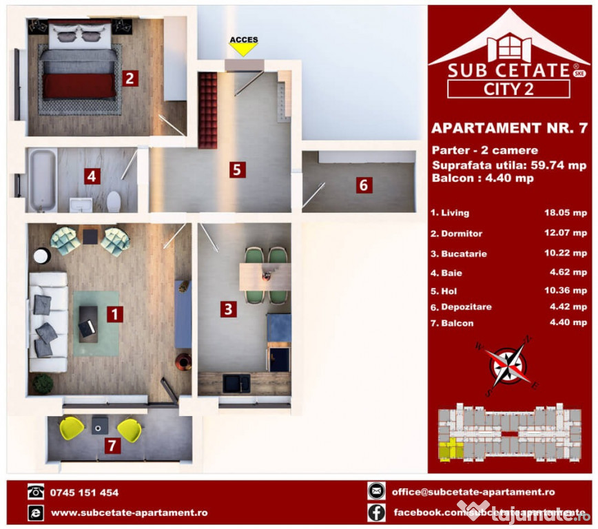 Apartament cu 2 camere decomandat 60 mp utili + balcon