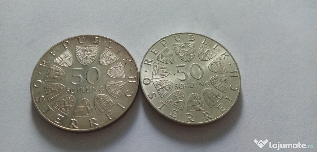 Lot doua monede argint patina superba - 50 schilling 1974