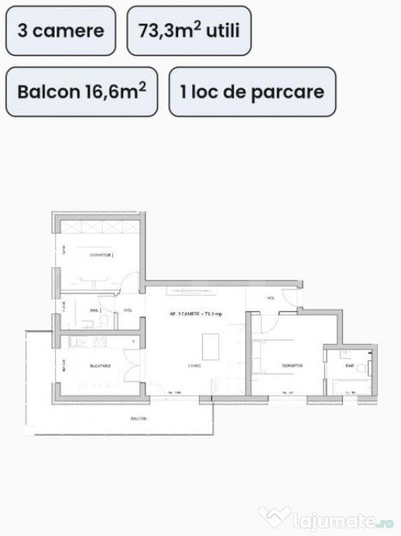 Apartament 3 camere,73 mp utili, balcon 16,60 mp, zona Esso