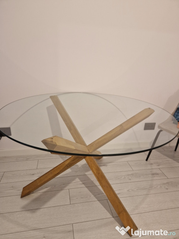 Masă sticlă/stejar natur