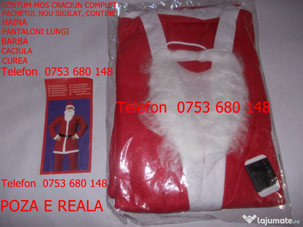 Costum Mos Craciun adulti, barba mustata pantaloni haina caciula curea