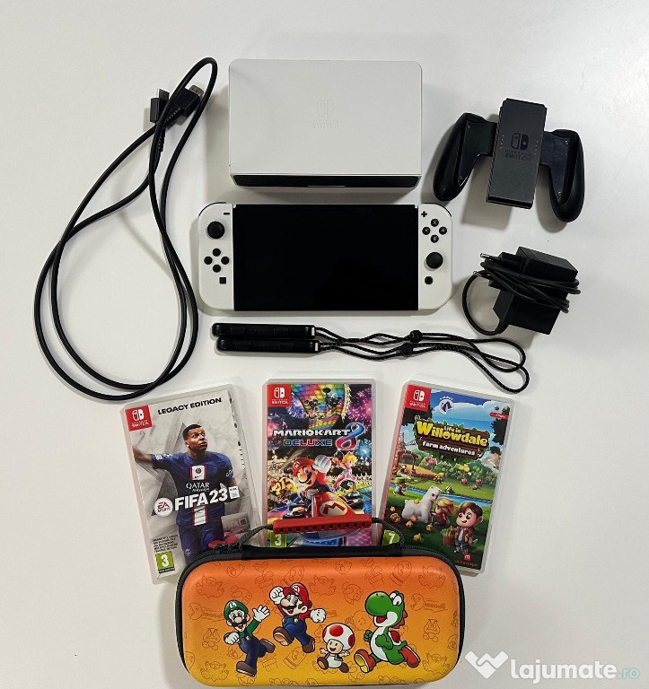 NINTENDO SWITCH OLED + 3 Jocuri, Husa si Microsd - Accesorii originale