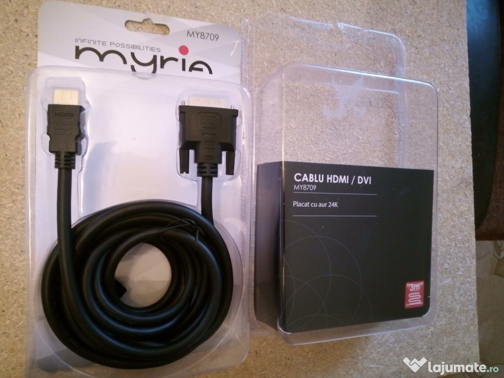 Cablu Myria MY8709 HDMI la DVI-D, 3m, Conectori Placați Aur 24K