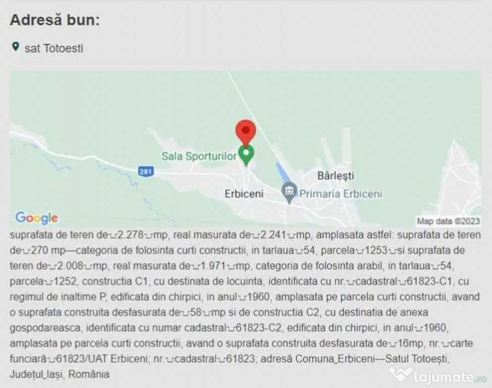 2278 m2 in Intravilan cu casa batraneasca