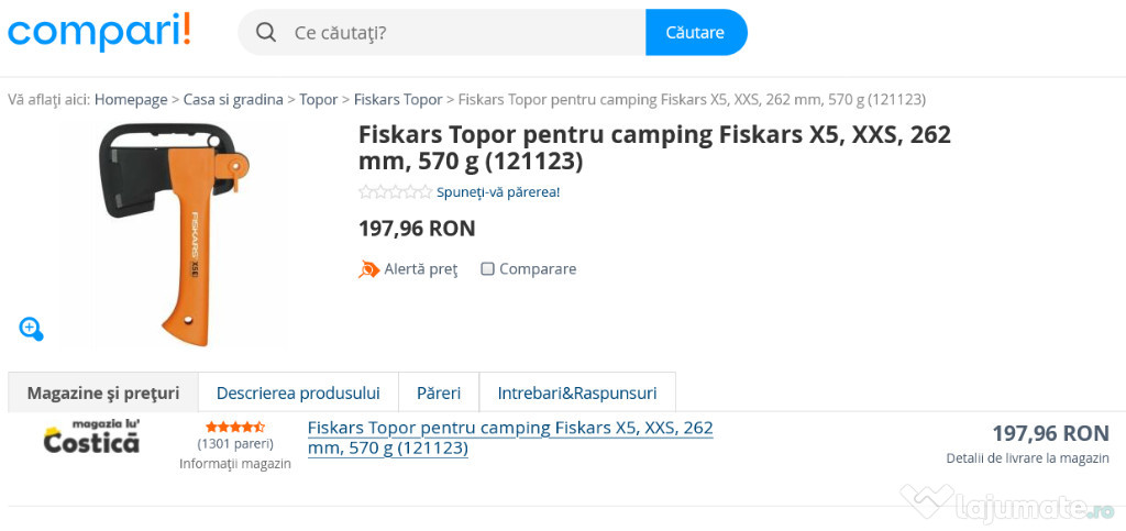 Topor FISKARS camping + lama otel carbon + coada armata cu fibra, 564g