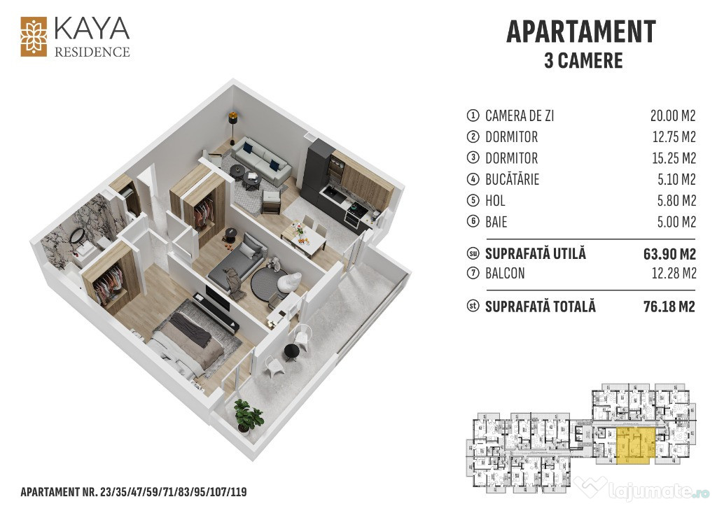 Apartament 3 camere 76.18mp, zona centrală Bistrița - KAYA Residence