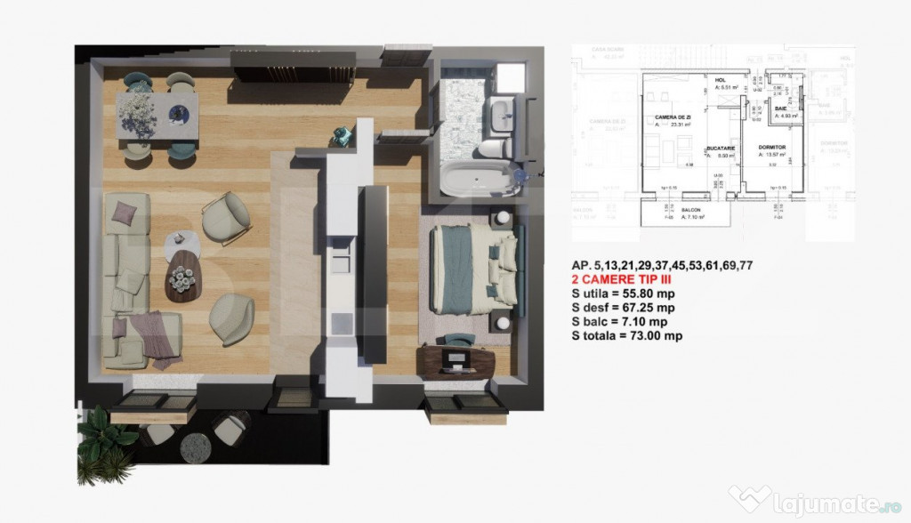 Comision 0% la cumparator! Apartament 2 camere, 63 mp, Satin