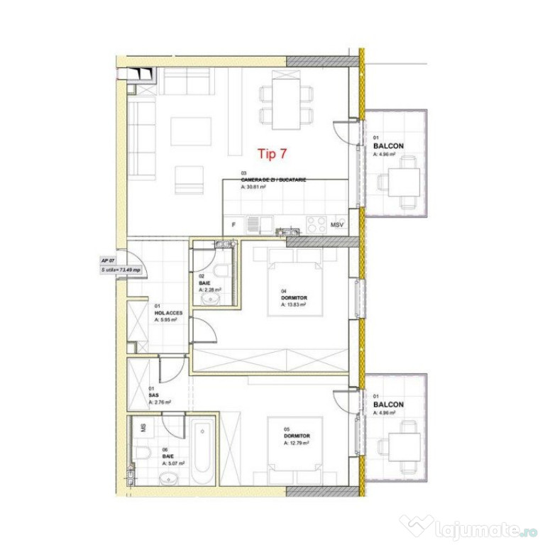 Apartament cu 3 camere, 73,49 mp, 2 balcoane, zona Louis Pas