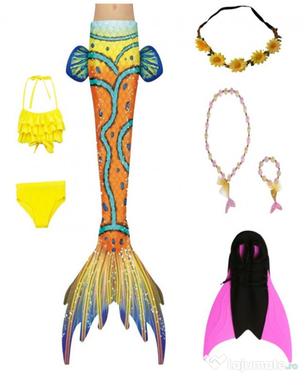 Set 7 piese Costum Sirena Printesa Ariel THK®, coada sirena